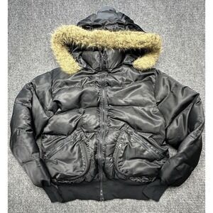 Army Navy Jacket Womens Large Black Puffer Hooded Faux Fur Zip‎ Bomber Pockets